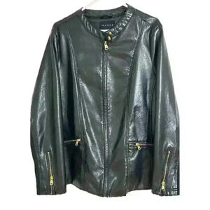 Theory Womens Jacket 2XL Faux Leather Floral Lining Zipper Back Ribbed Knit